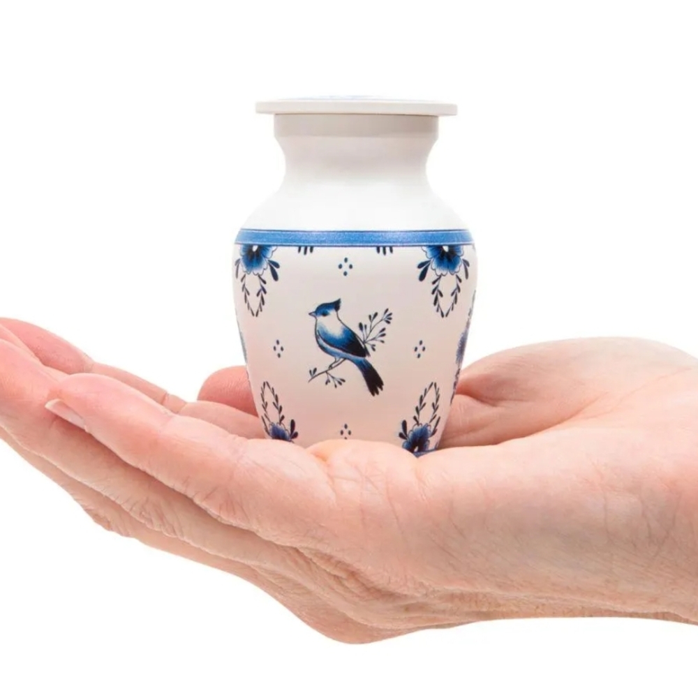 New Delft Style Blue Bird Pattern Keepsake Urn For Ashes